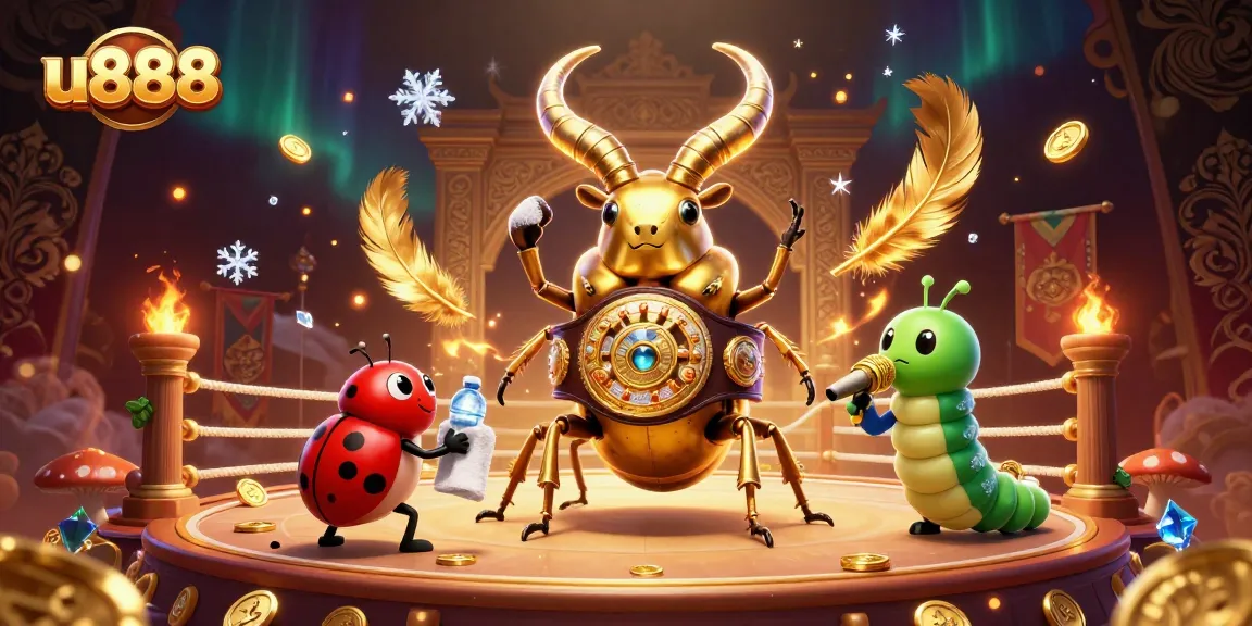 u888 delivers thrilling casino action with a dynamic 3D illustration of a golden stag beetle boxing champion.