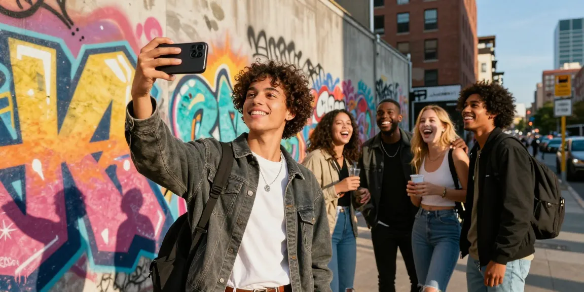 Young person taking a selfie to discover their celebrity look alike against a vibrant city backdrop.