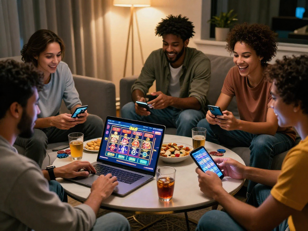 Un gruppo di amici entusiasti scommette su siti casino non AAMS in un'atmosfera accogliente.