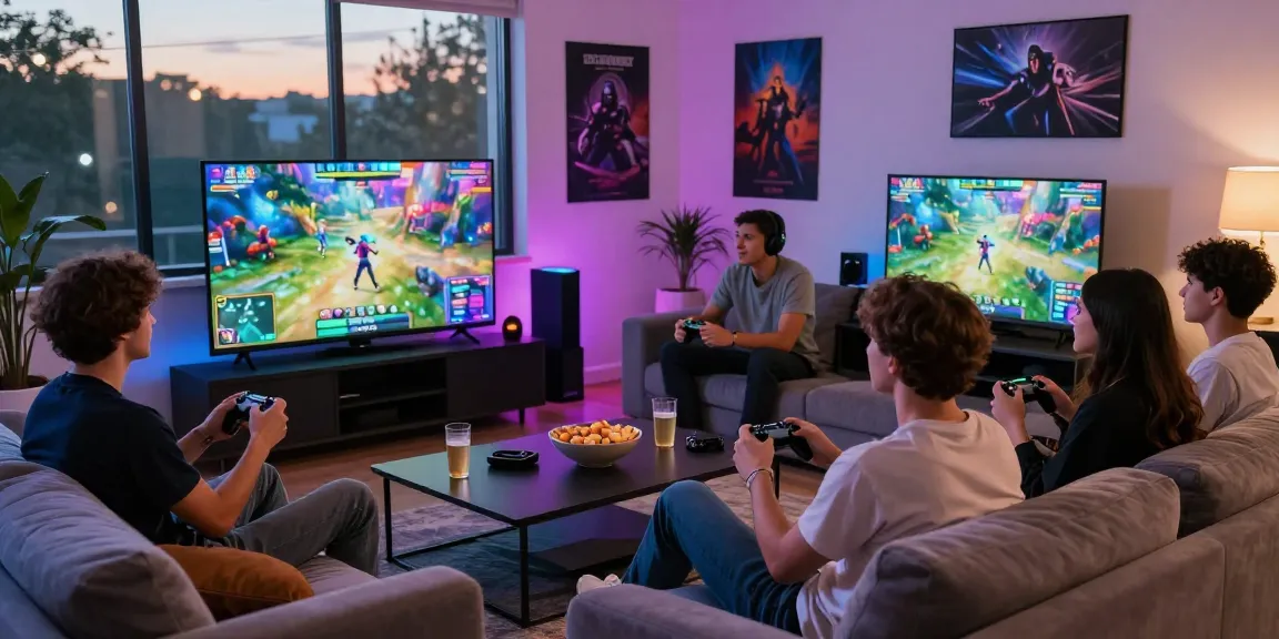 Friends enjoying a multiplayer iwin game in a vibrant living room setting with a smart TV.