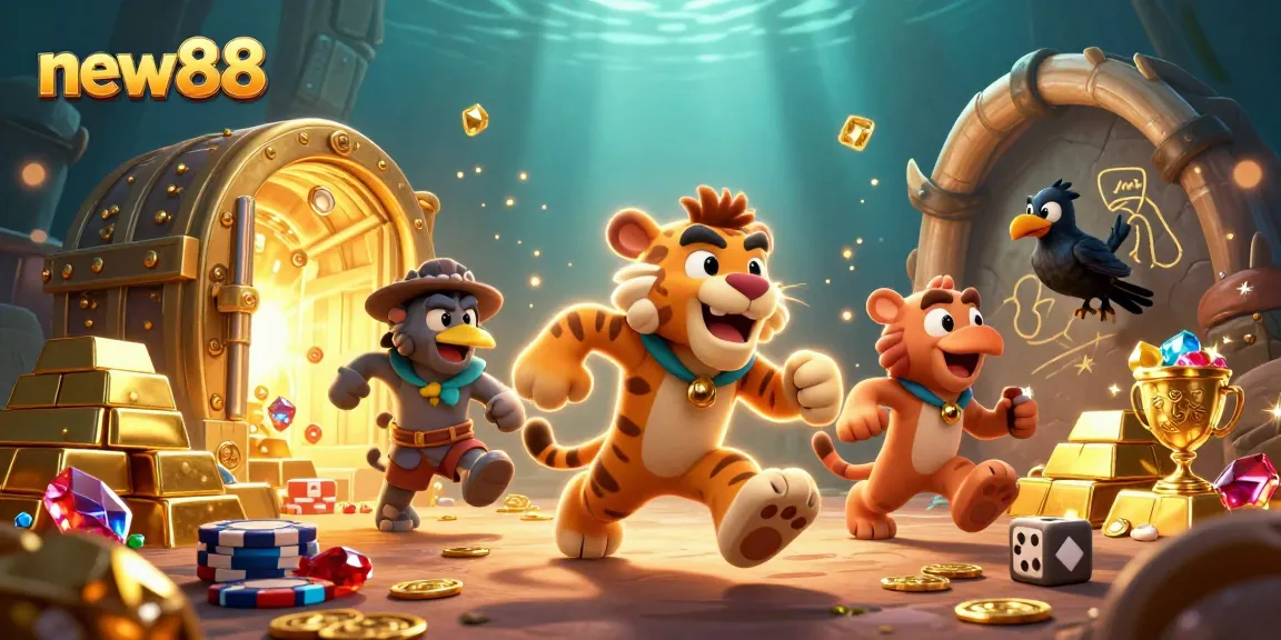 Join the excitement at new88's vibrant casino scene, where a caveman and sabertooth tiger engage in thrilling gaming activities.