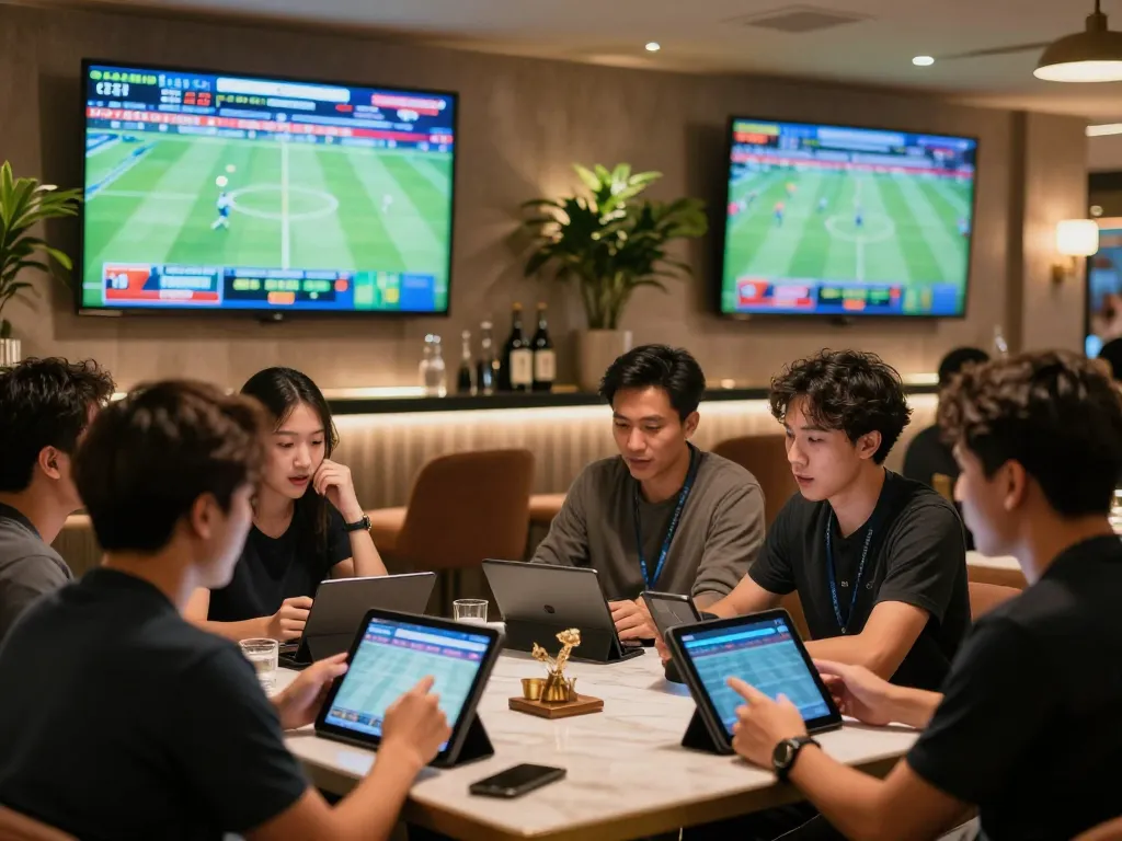 Betting strategies in action at a luxurious lounge featuring keonhacai5 live sports screens.