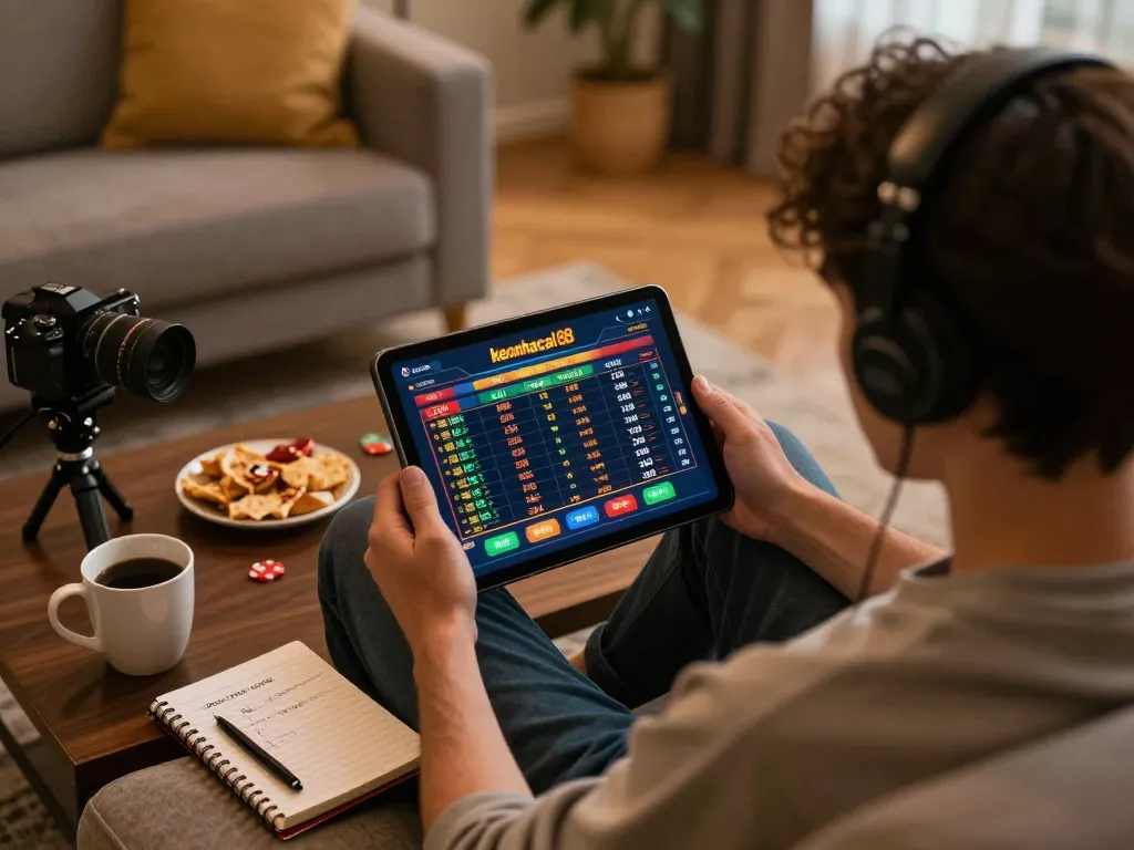 Engaging in keonhacai 88 sports betting on a tablet, showcasing a comfortable home gaming atmosphere.