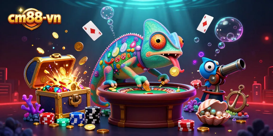 Experience cm88-vn with a dynamic chameleon casino owner surrounded by gold coins and vibrant game elements.