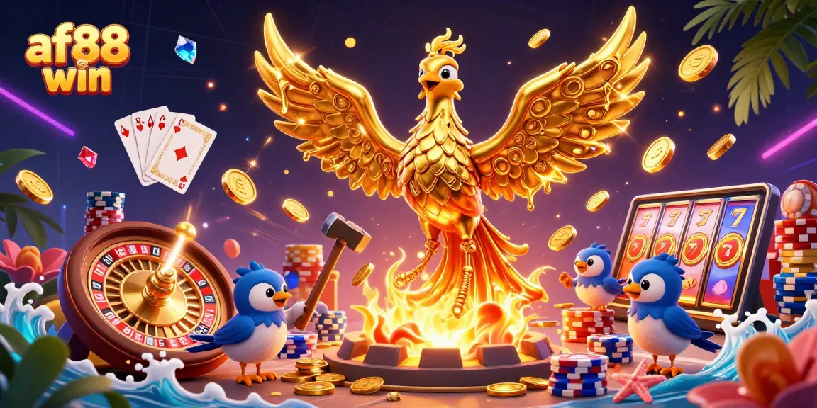 Engage with af88 win through a vivid 3D illustration showcasing immense casino excitement with golden phoenix and dynamic game elements.