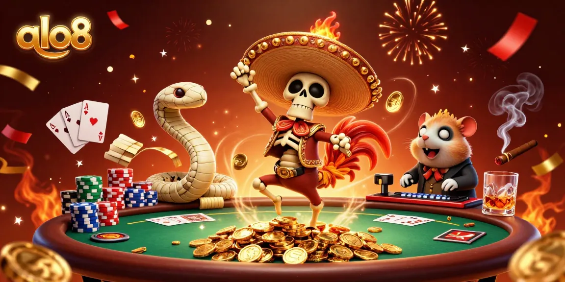 Engage in thrilling wins at alo8 with lively casino elements celebrating winnings and vibrant characters.