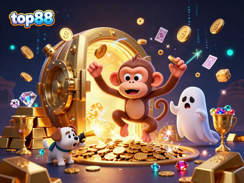 Engage in thrilling gameplay with top88 as a mischievous monkey juggles golden coins in a luxurious casino.