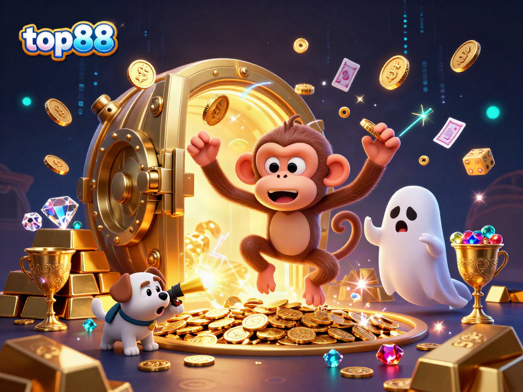 Engage in thrilling gameplay with top88 as a mischievous monkey juggles golden coins in a luxurious casino.