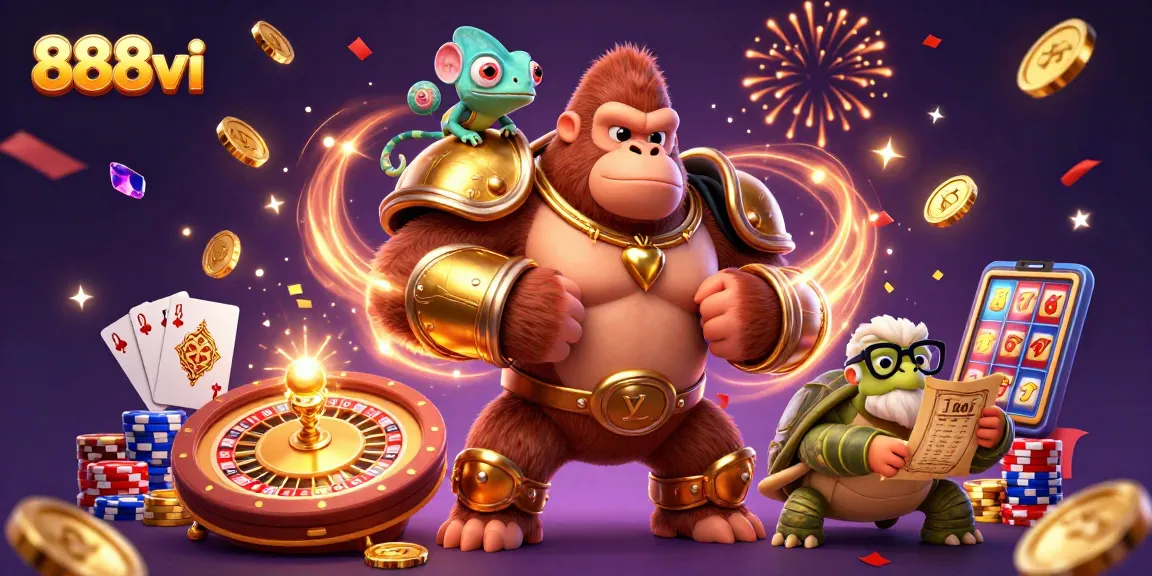 Elevate your gaming at 888vi with a powerful gorilla king and enchanting casino scene.