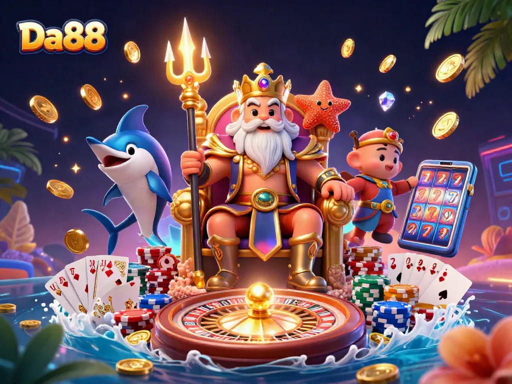 Engage with the excitement of Da88's casino gaming, featuring dynamic characters and vibrant gambling elements.