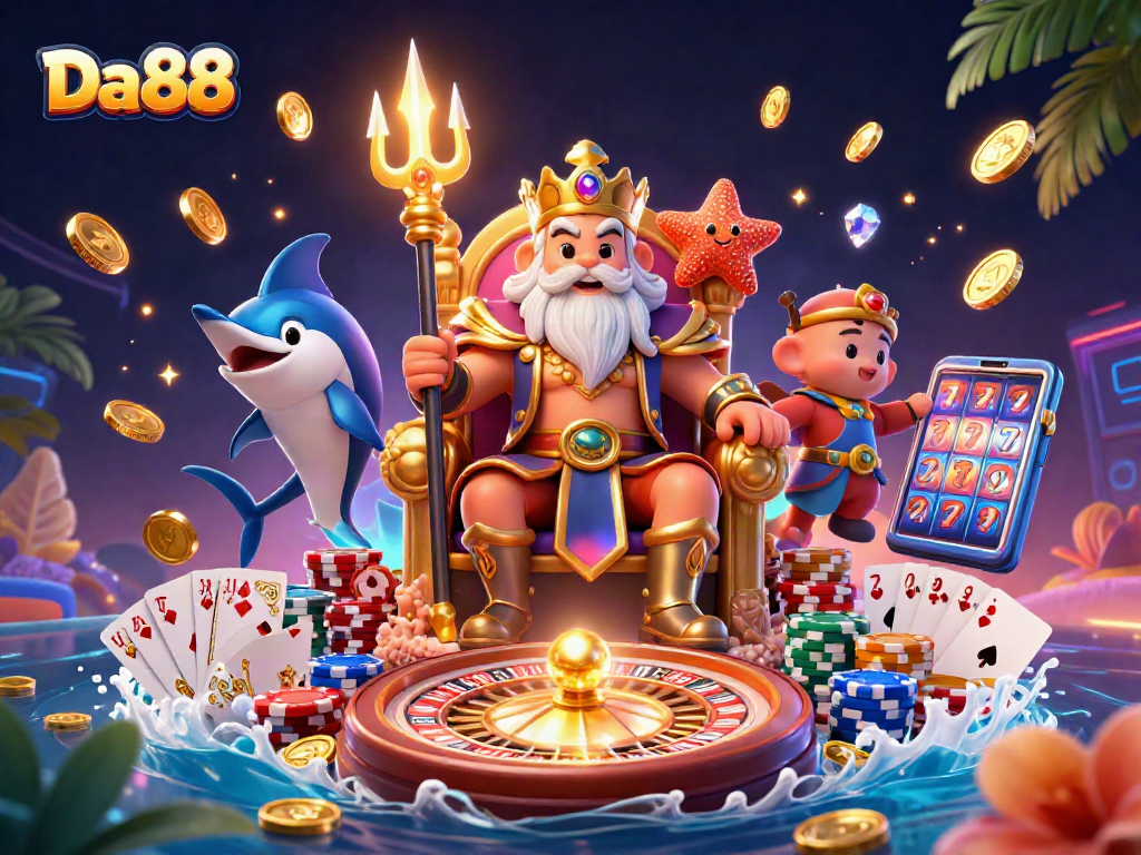 Engage with the excitement of Da88's casino gaming, featuring dynamic characters and vibrant gambling elements.