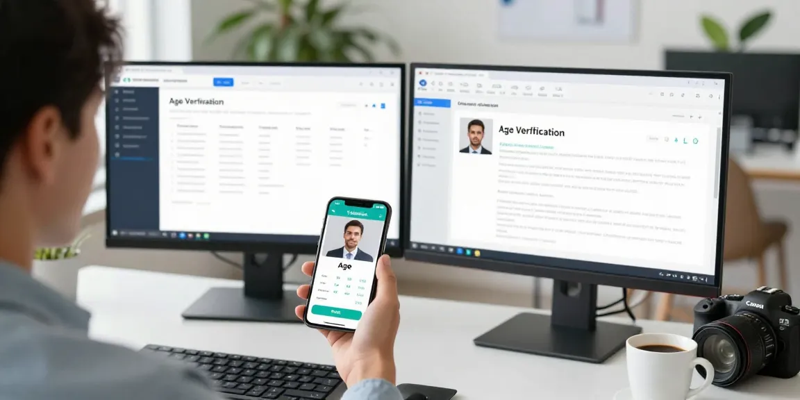 Seamless age verification system in action with a user completing verification via smartphone in a modern office.