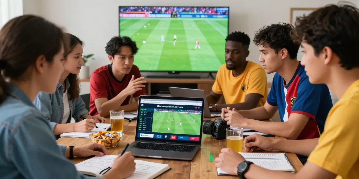 Diverse group analyzing football odds on https://soikeonhacai.com.co/ with excitement and snacks in a vibrant sports setting.