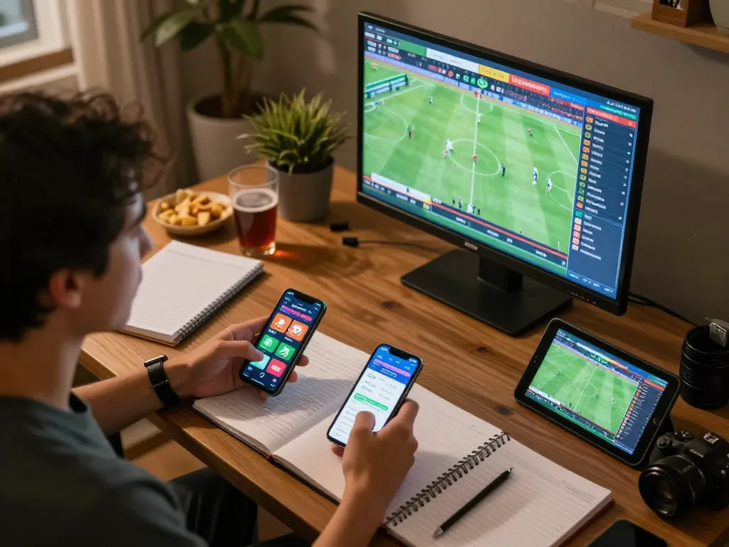 Engaged sports bettor tracking tỷ số trực tuyến 7m while planning bets in a relaxed home setting.