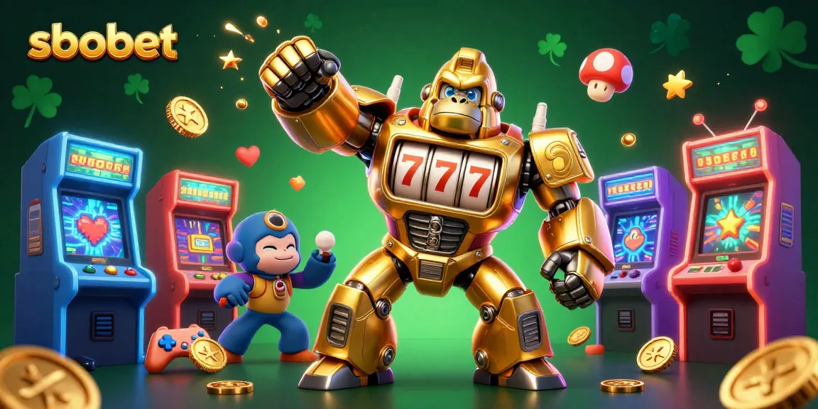 SBOBET showcases an exciting scene with a golden gorilla mech and vibrant casino elements for betting enthusiasts.