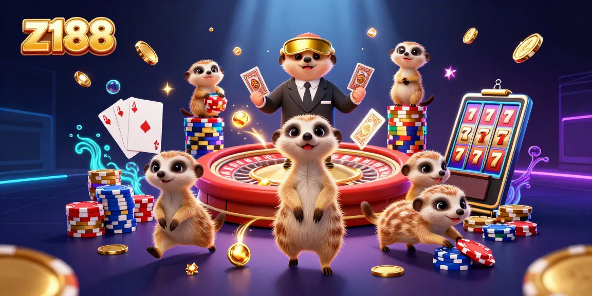 Z188 meerkat casino illustration showcasing vibrant gaming action and dynamic slot elements in a lively scene.