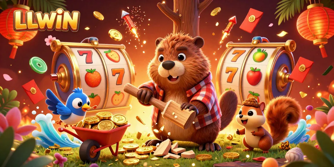 Experience winning moments with LLWIN in this vibrant 3D casino scene featuring beavers and gold coins.
