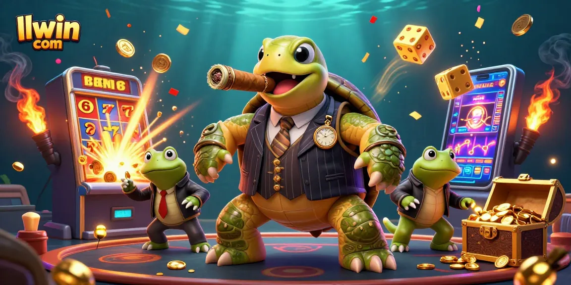 Experience excitement at llwin com with a dynamic casino scene featuring a turtle mobster and jackpot elements.