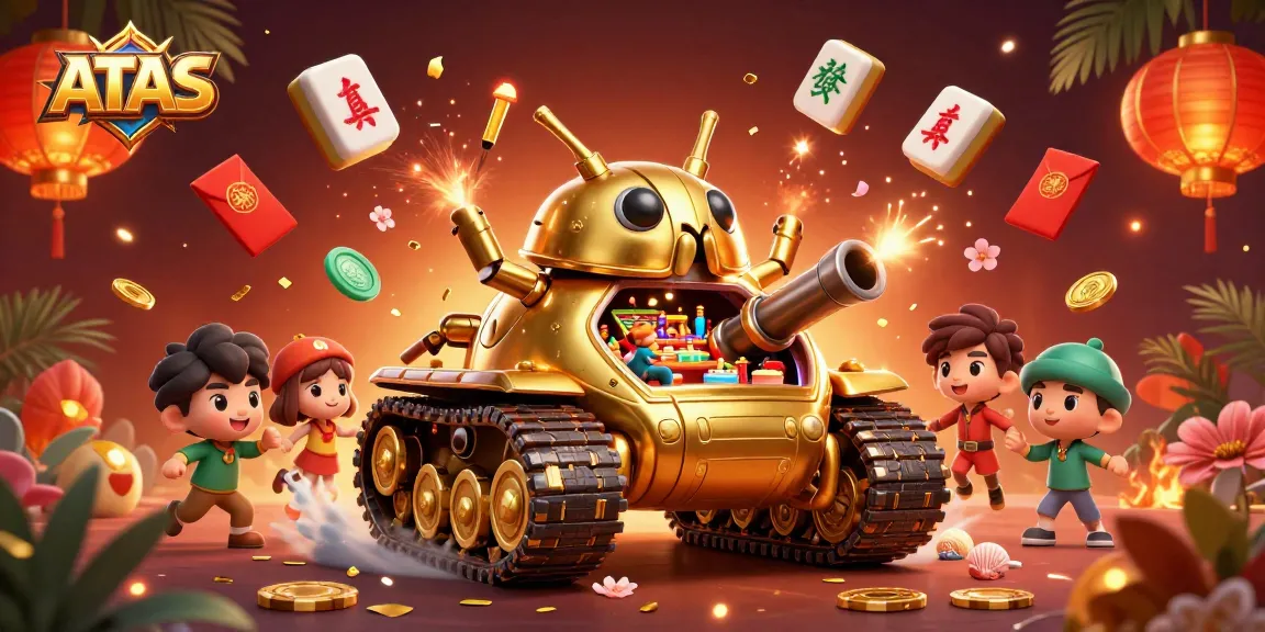 ATAS captivates with a golden beetle tank casino, confetti cannons, and vibrant gaming elements.