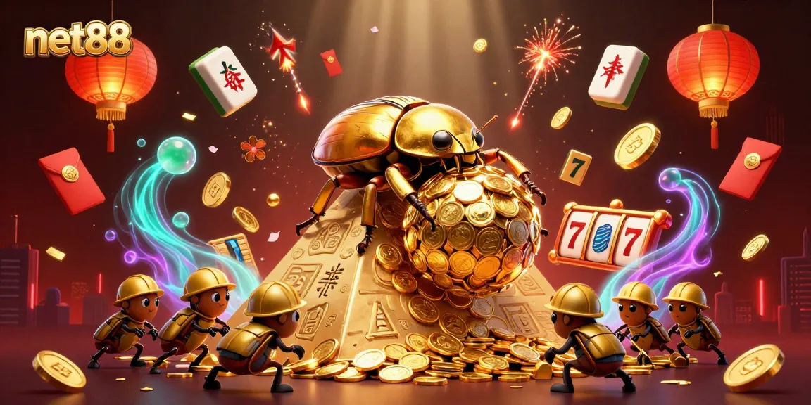 Engage in thrilling gameplay with net88, showcasing a lively scene of cartoon beetles amidst shining slot reels.