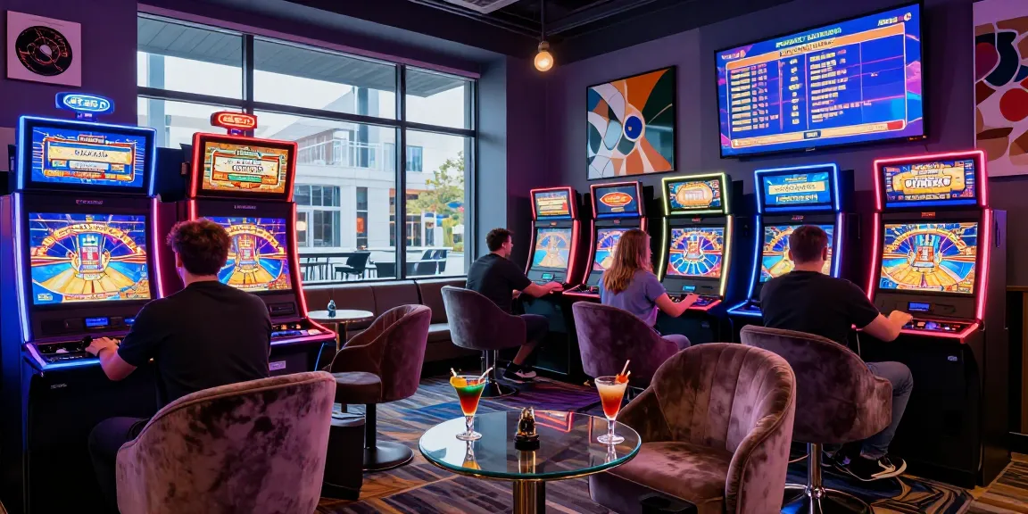 LUXURY777 Link Alternatif dalam suasana lounge permainan mewah dengan pemain dan slot modern.