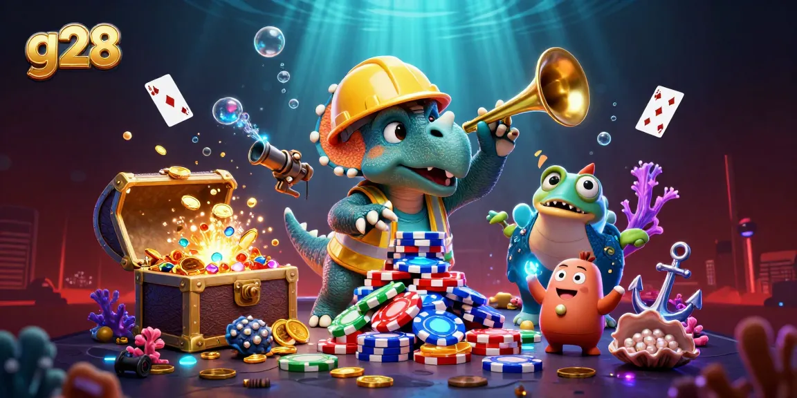 g28-themed online casino illustration with cartoon characters celebrating over poker chips in a vibrant underwater scene