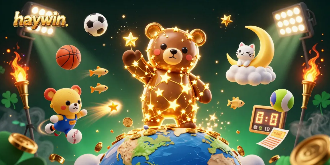 Haywin showcases an engaging casino scene with dynamic sports elements, a constellation bear, and vibrant colors.