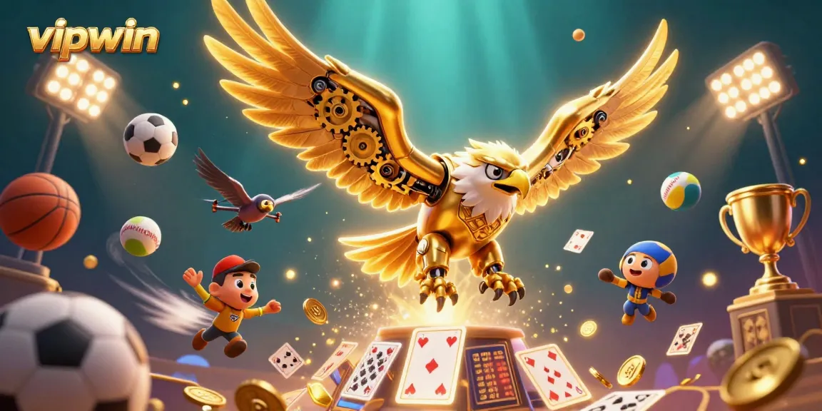 Experience vipwin’s thrilling games with a cybernetic golden eagle soaring through holographic cards, embodying elite betting excitement.