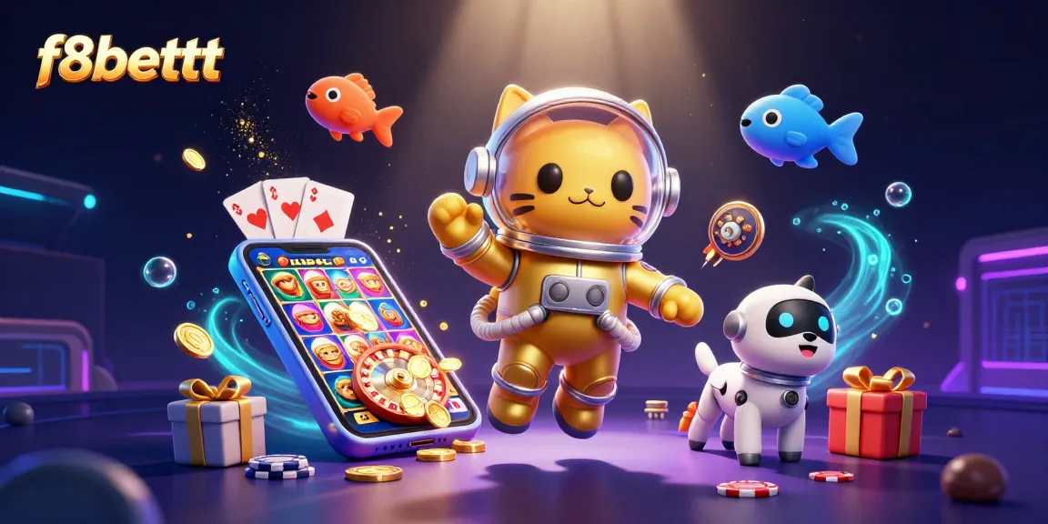 Experience thrilling slots at f8bettt with an astronaut cat, robot dog, and alien fish in a vibrant setting.